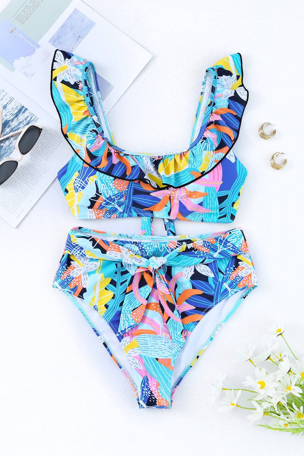 Ruffled wide strap swim top and bottom set in colorful print, two-piece with non-removable padding.