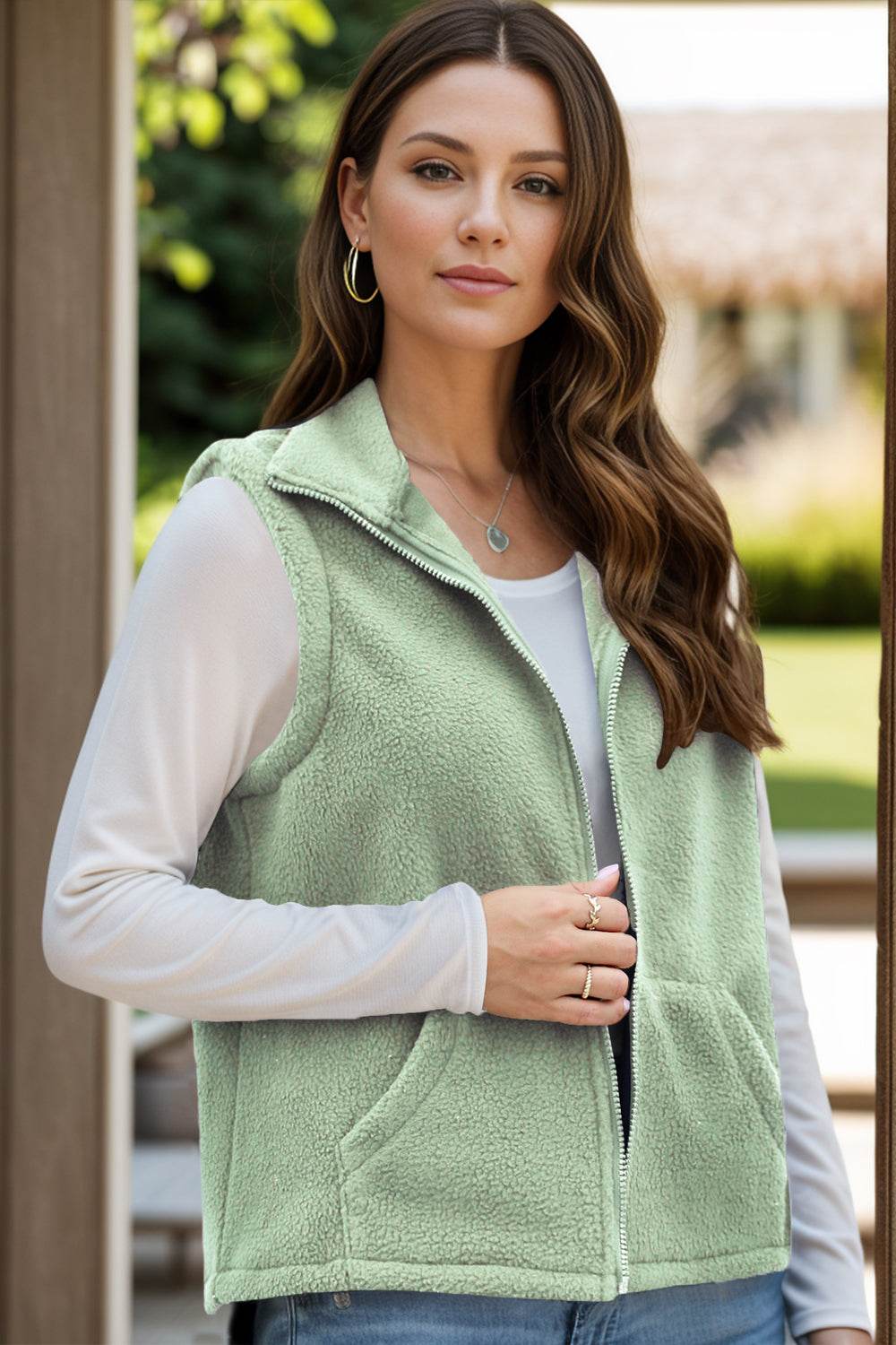 Zip up vest coat with pockets in green, women's fashion.