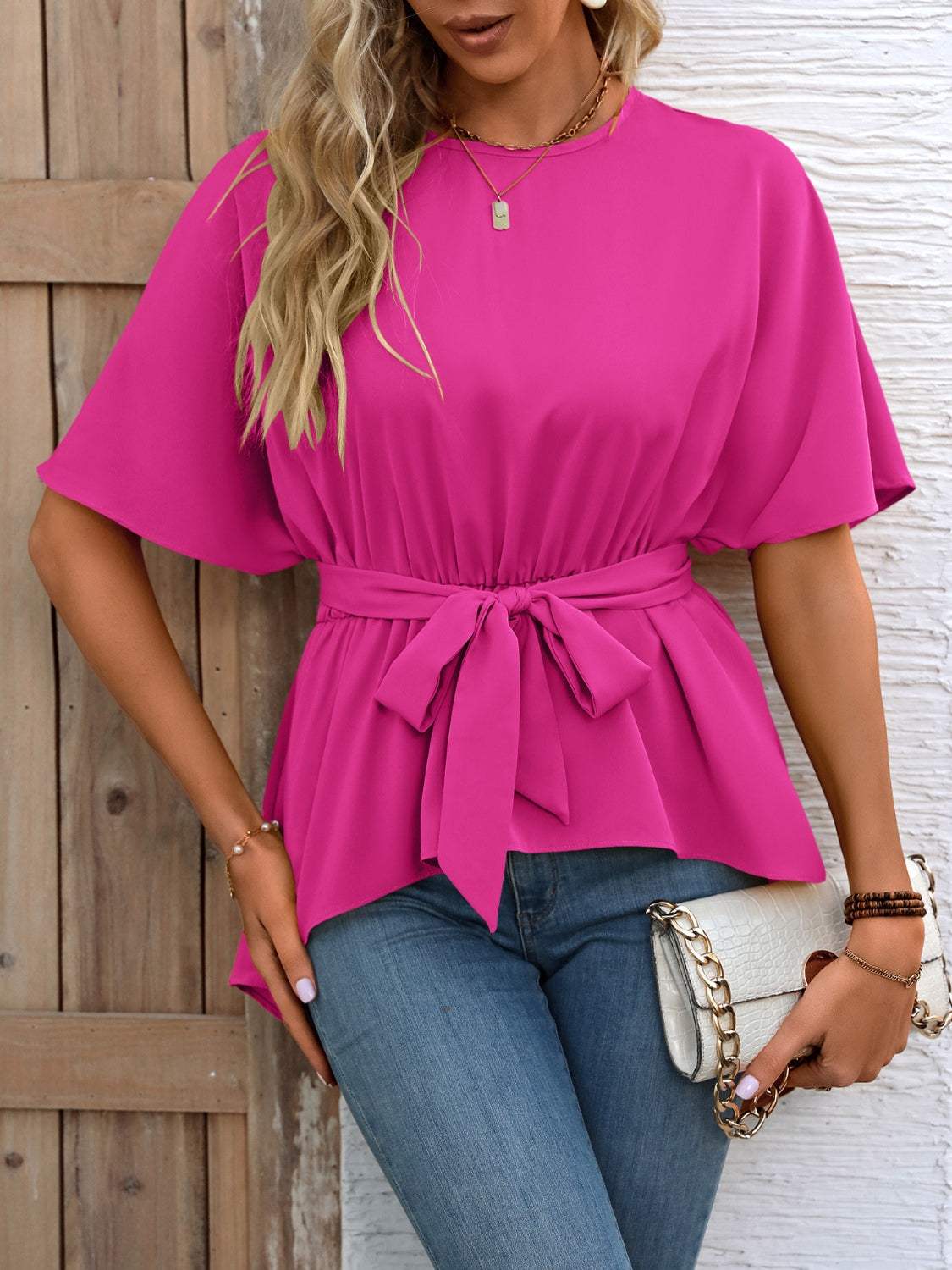 Ivy Lane Tied Round Neck Half Sleeve Blouse