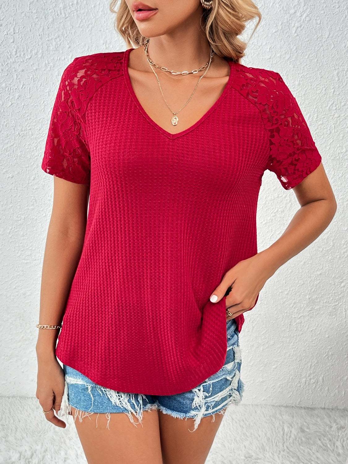 Ivy Lane Lace Detail V-Neck Short Sleeve T-Shirt in red with lace accents.