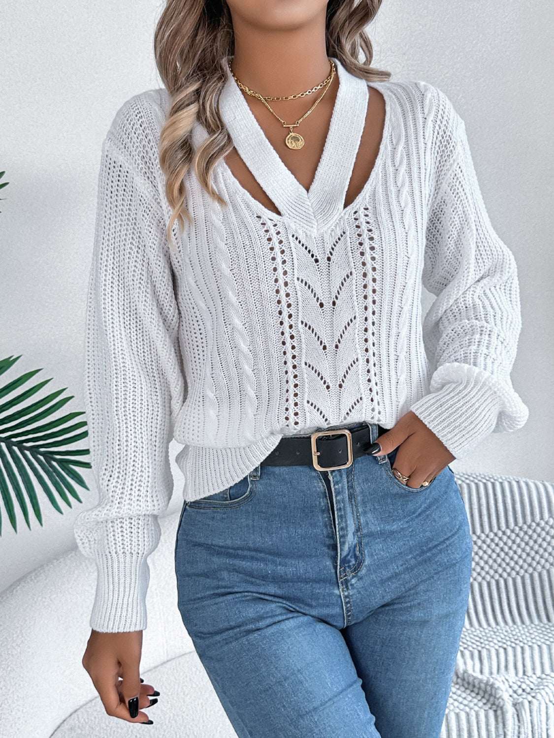 Cutout V-Neck Long Sleeve Sweater White