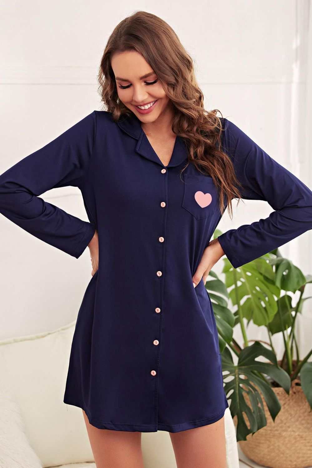 Heart graphic lapel collar night shirt dress with long sleeves and pockets.