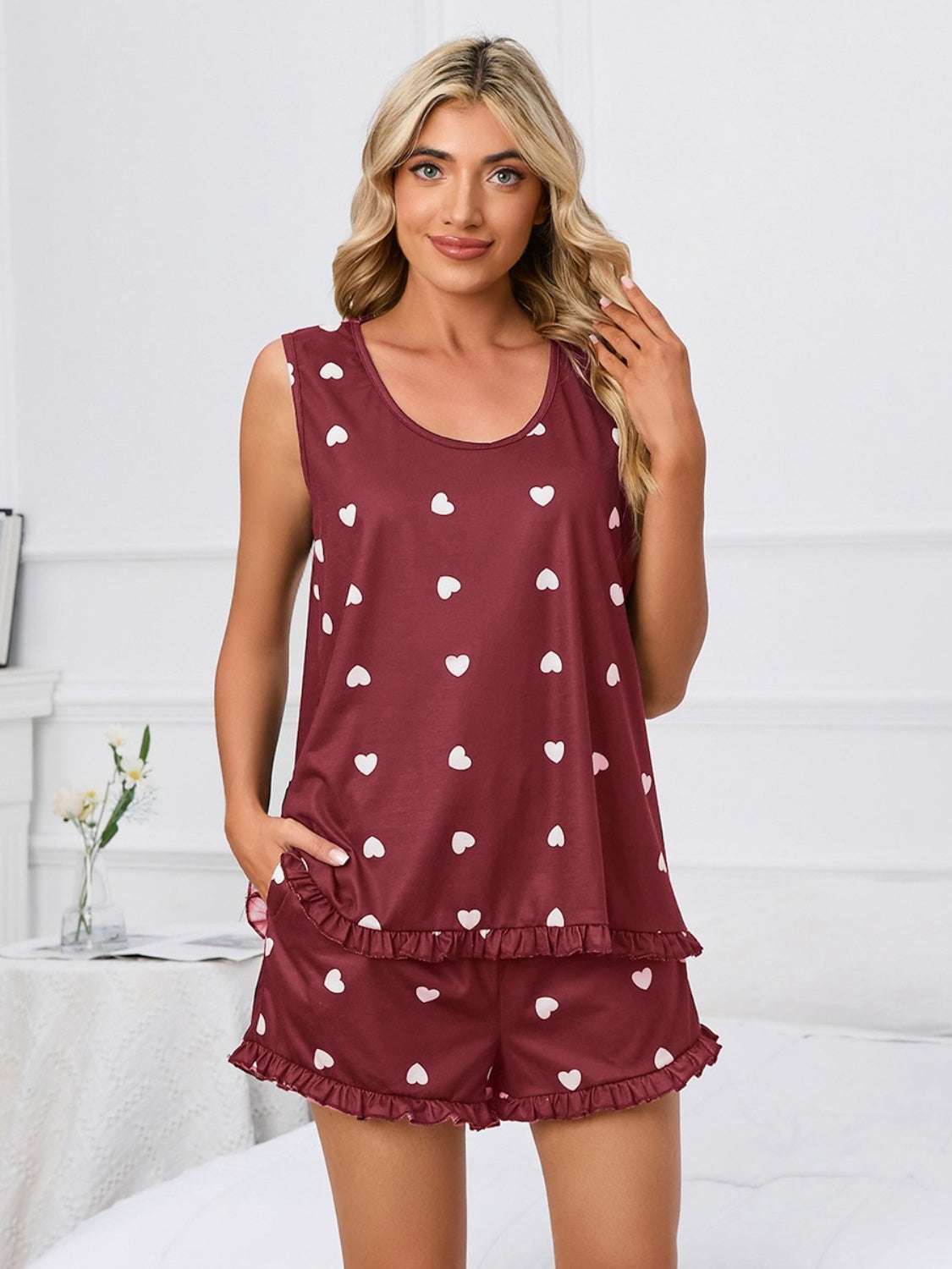 Heart Scoop Neck Tank and Shorts Lounge Set in burgundy with heart pattern, two-piece, slightly stretchy, polyester-spandex blend.