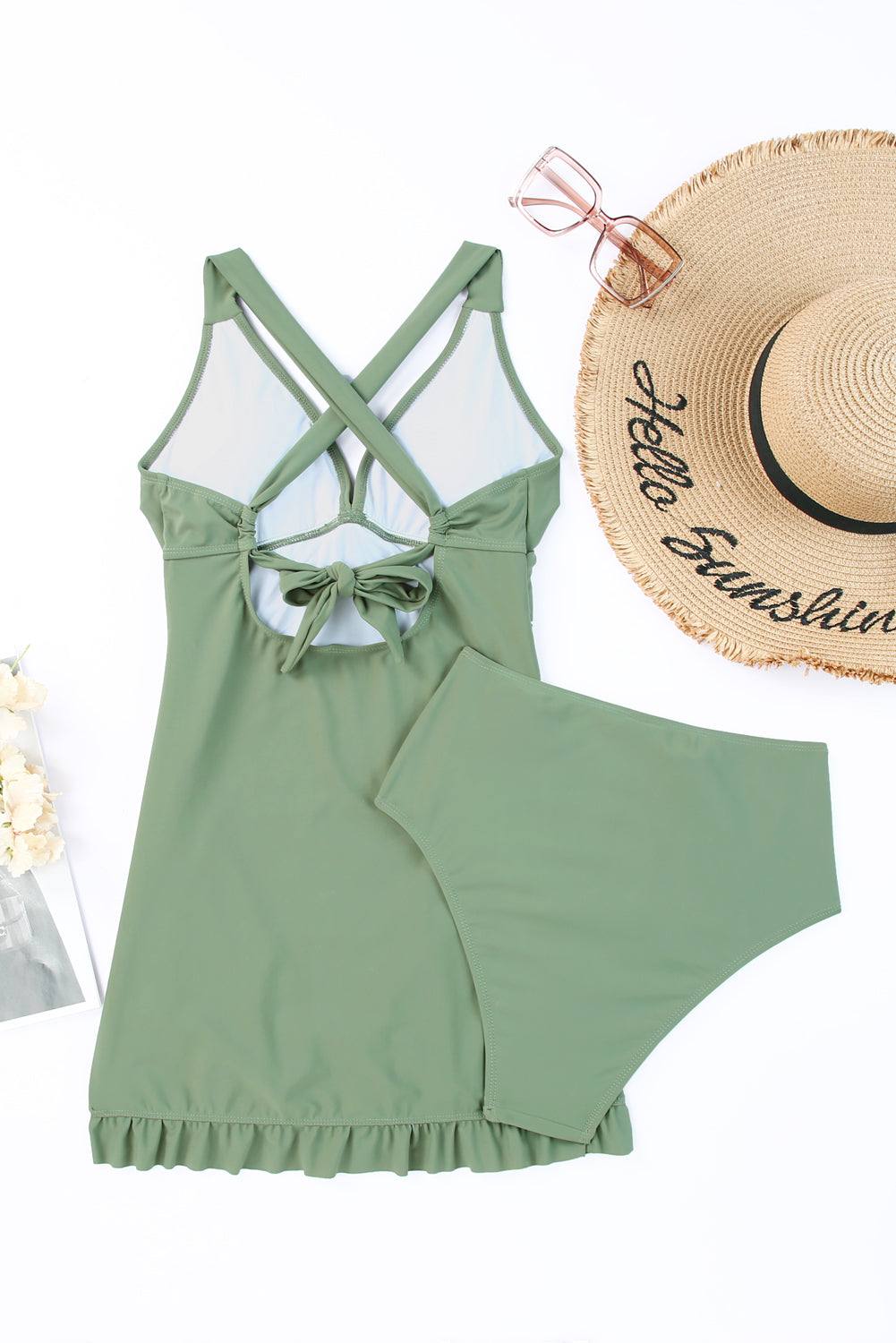 Tie Back Sleeveless Swim Dress and Bottoms Set in solid green with crisscross and ruching details, high stretch nylon-spandex blend, beach style.