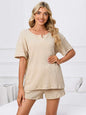 Notched short sleeve and shorts lounge set in beige, featuring basic style and slight stretch.