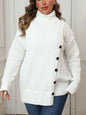 Plus size white turtleneck long sleeve sweater with buttons, moderate stretch, polyester.