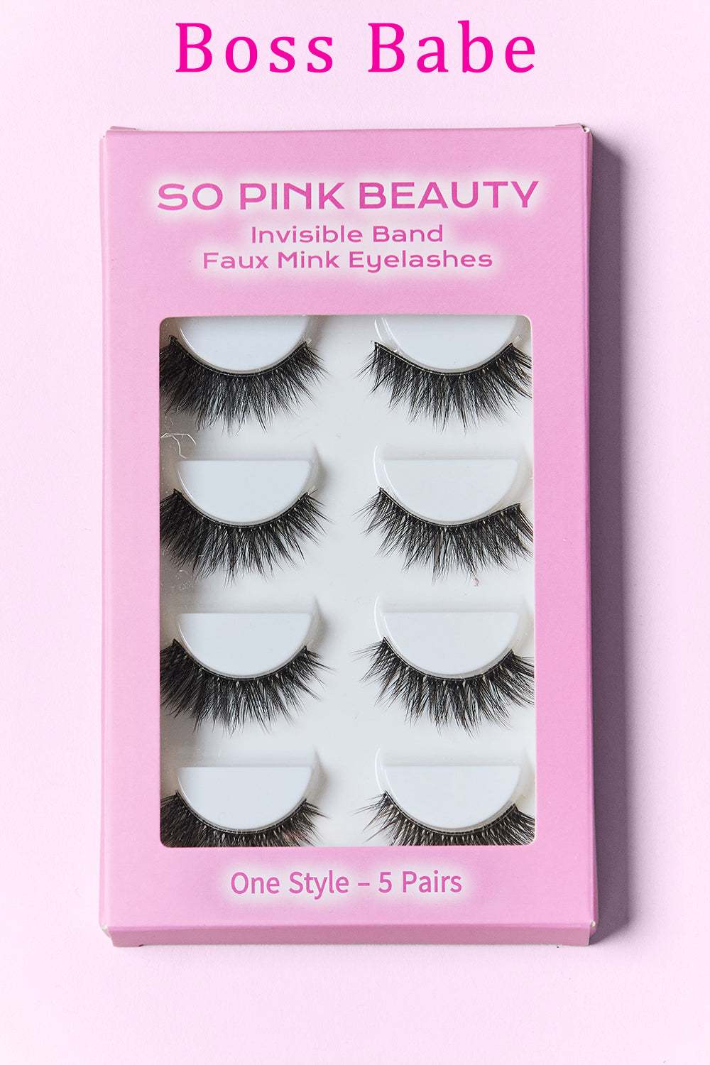 SO PINK BEAUTY Faux Mink Eyelashes 5 Pairs in pink packaging with invisible band.