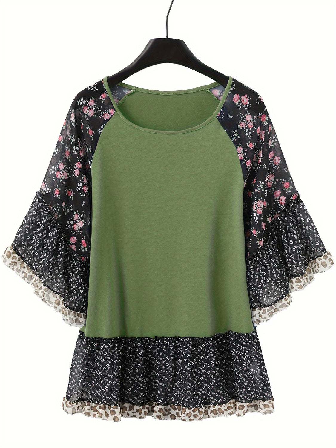 Full size frill printed round neck half sleeve blouse, green and floral pattern, polyester material.