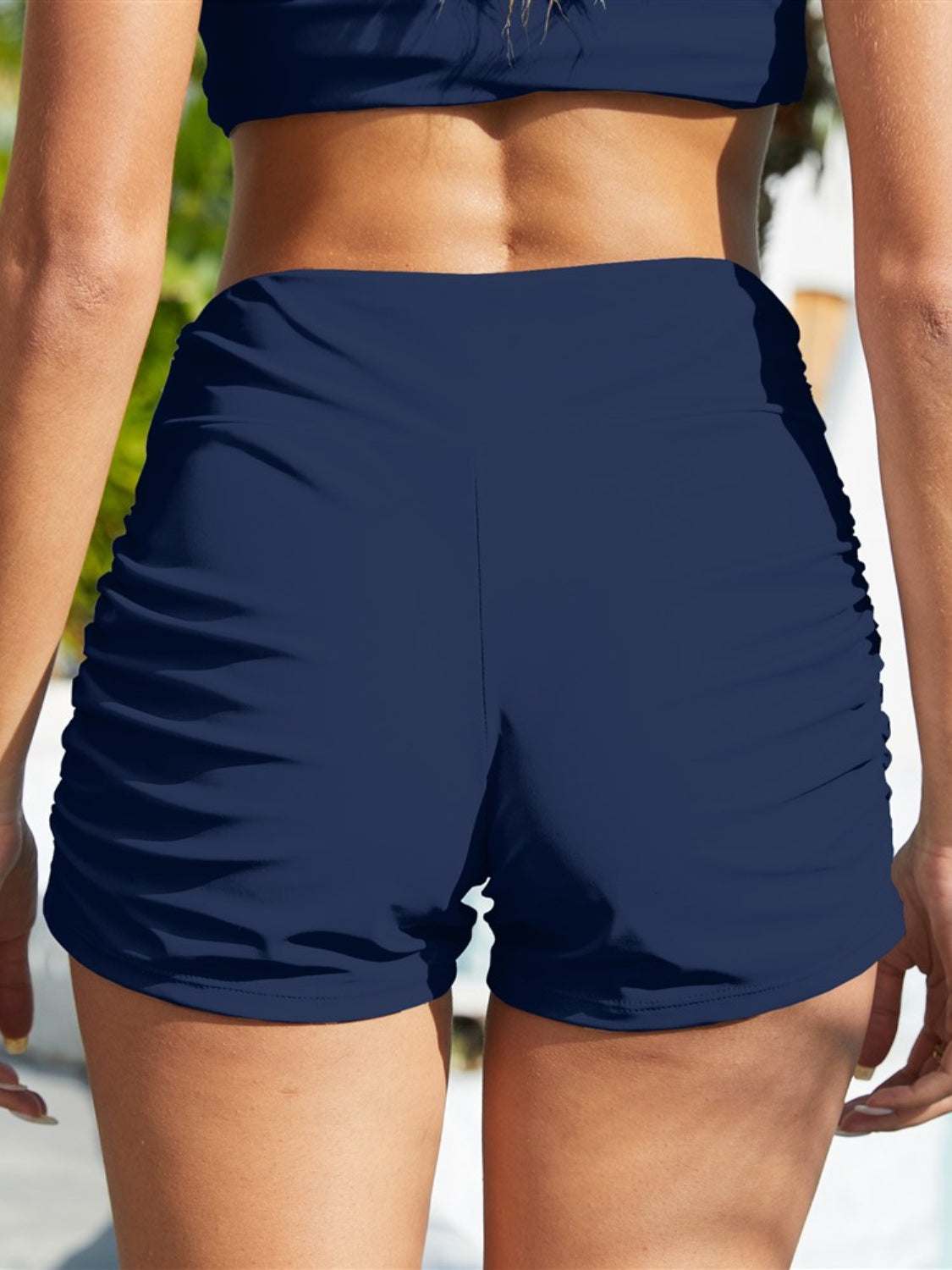 FAM-FAM ruched mid-rise waist swim shorts, slightly stretchy polyester-spandex blend, basic style.