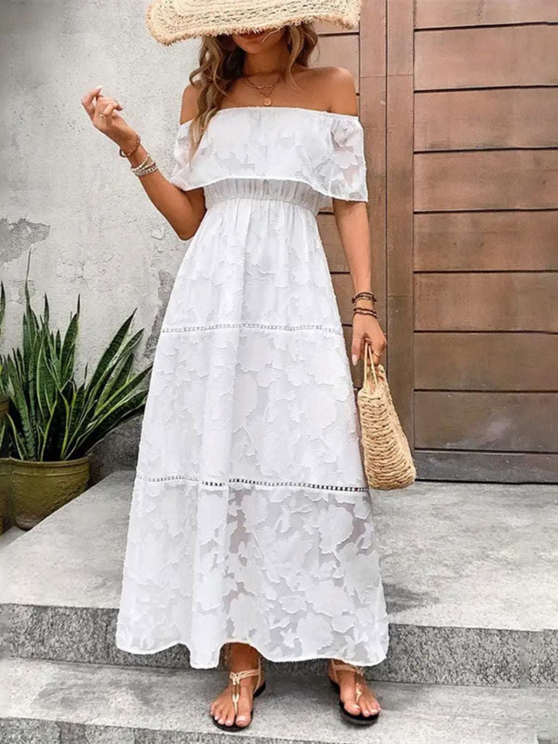 Off-shoulder short sleeve maxi dress in white, semi-sheer, 100% polyester.