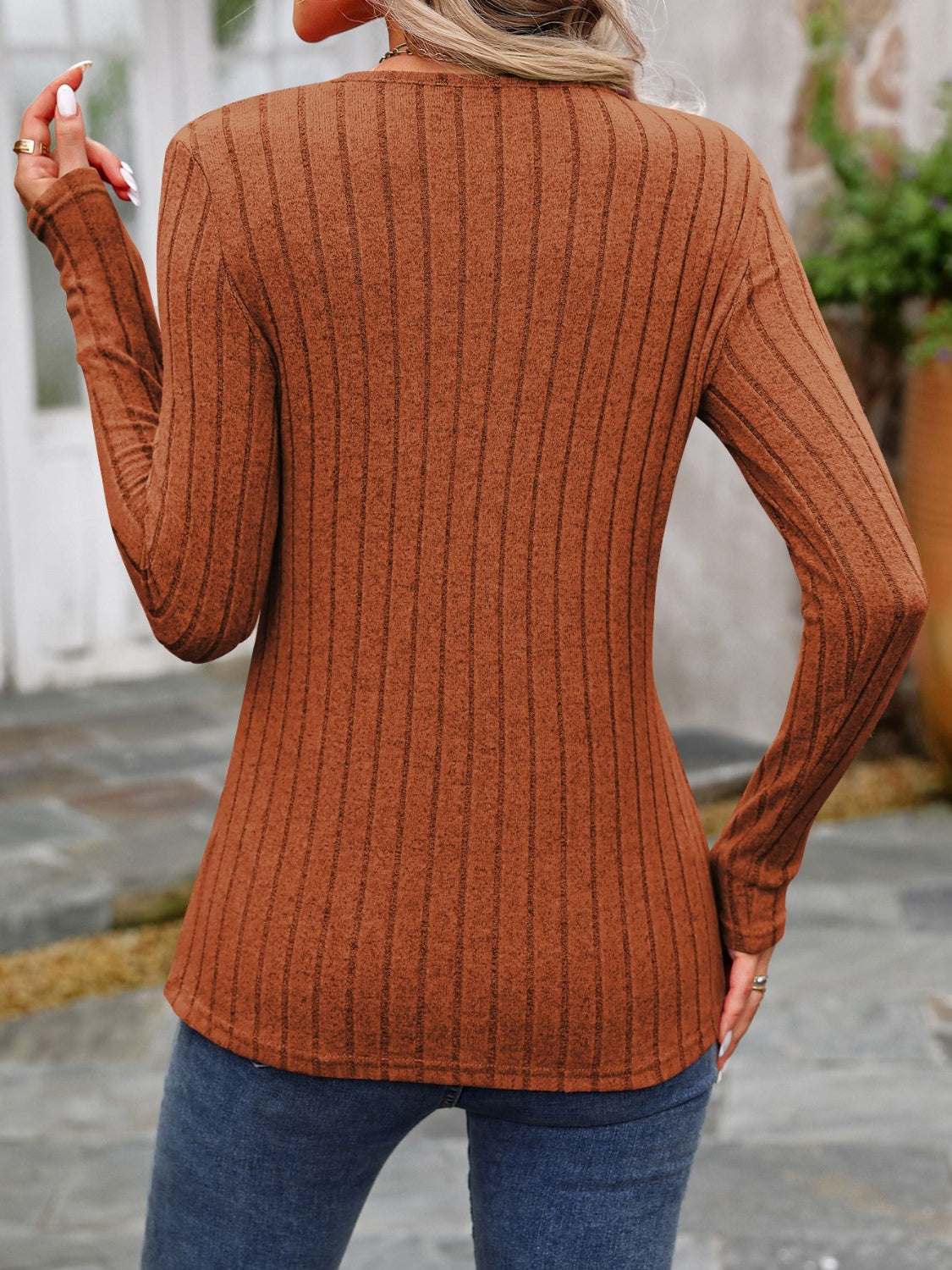 Decorative Button Round Neck Long Sleeve T-Shirt Caramel