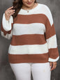 Plus size striped round neck long sleeve sweater in brown and cream.