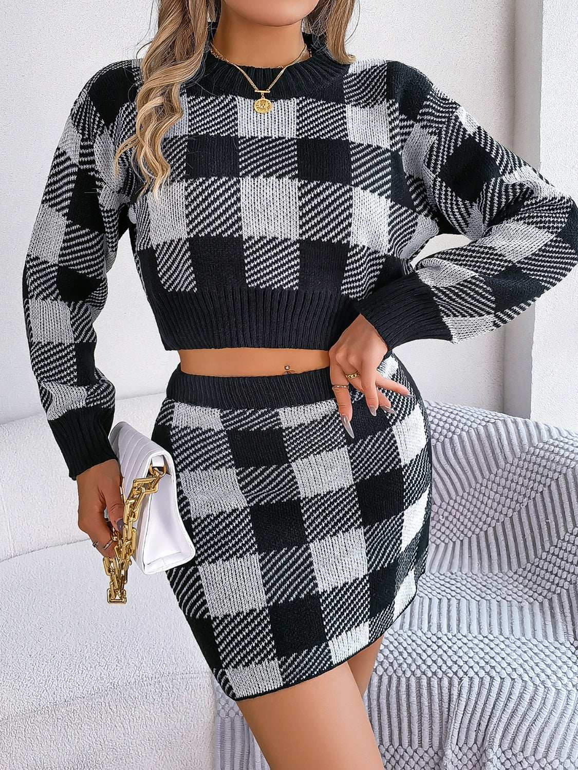 Plaid Round Neck Top and Skirt Sweater Set Black