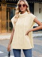 Side slit turtleneck sweater vest in cream, slightly stretchy acrylic material.