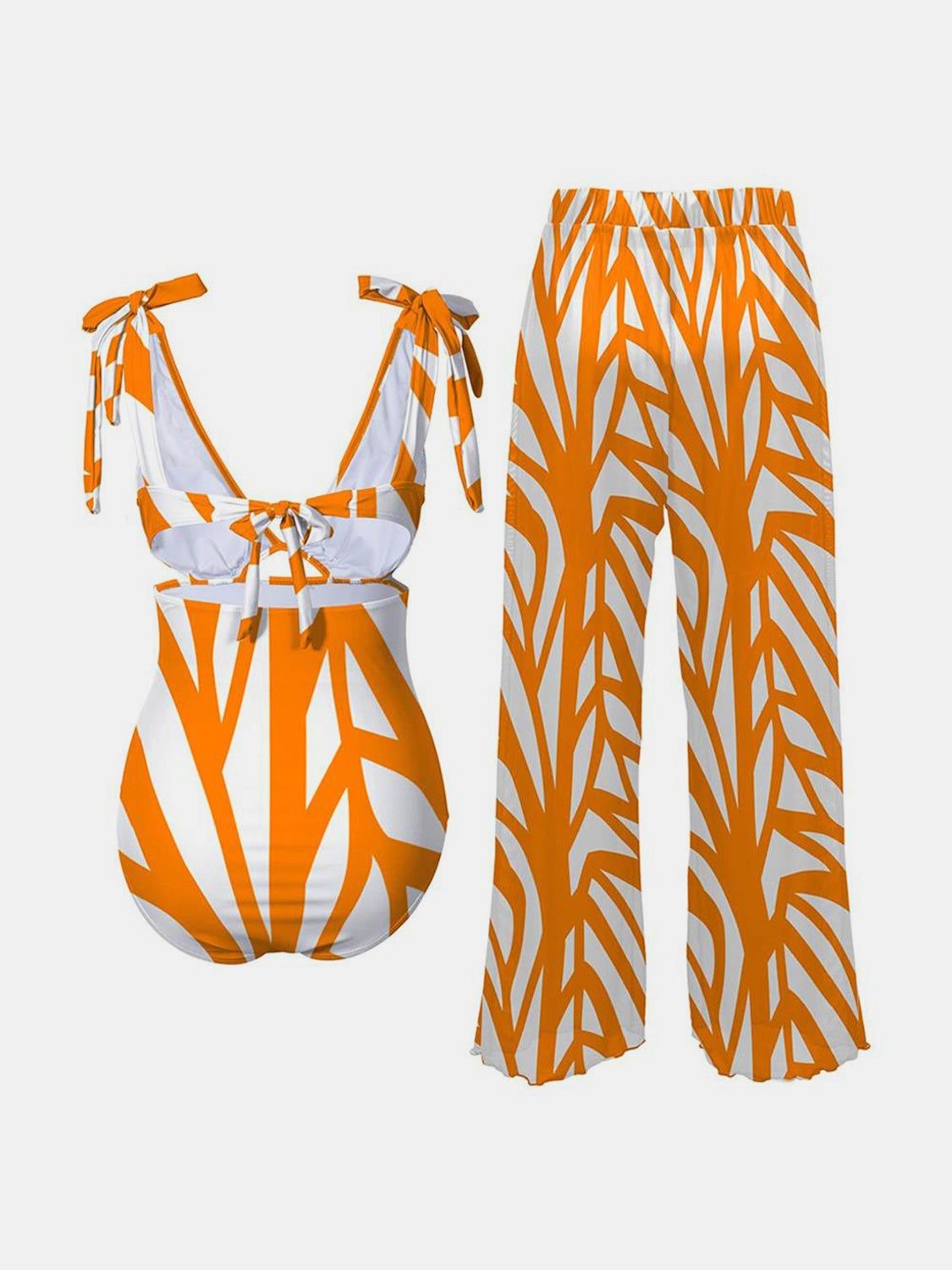 FAM-FAM Printed Tie Shoulder Swimwear and Pants Set with Removable Padding and Slight Stretch.