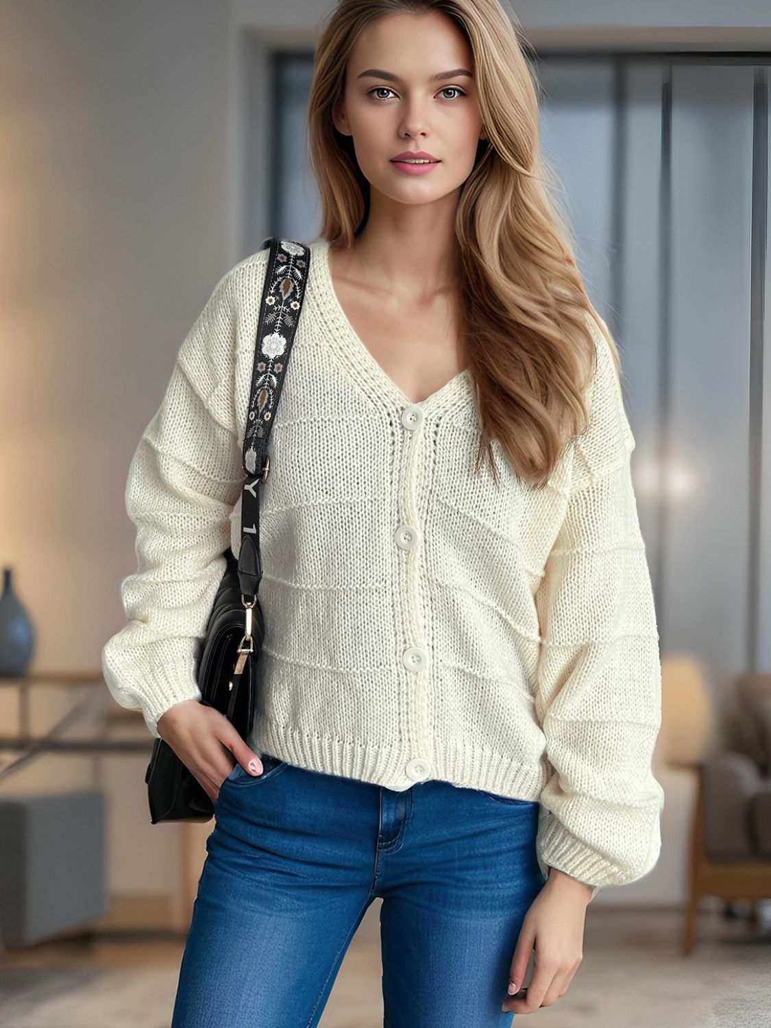 V-Neck Long Sleeve Cardigan in cream with button detailing.