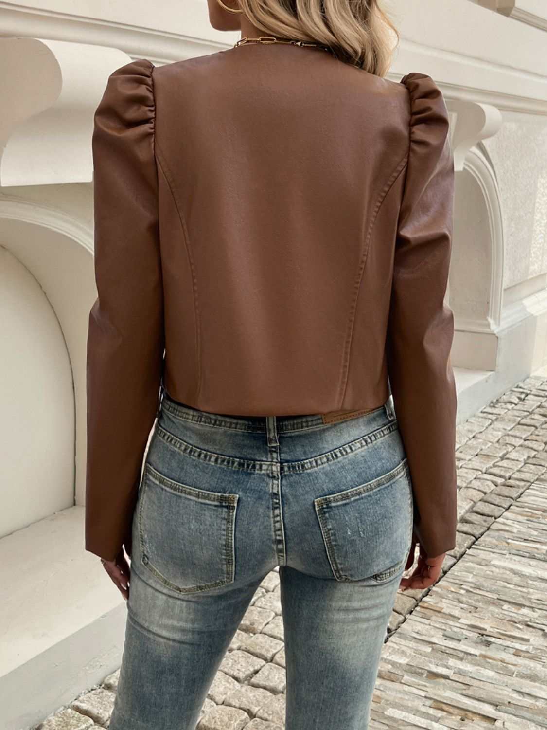 Devine Open Front Puff Sleeve Jacket in brown with ruched details and lined interior.