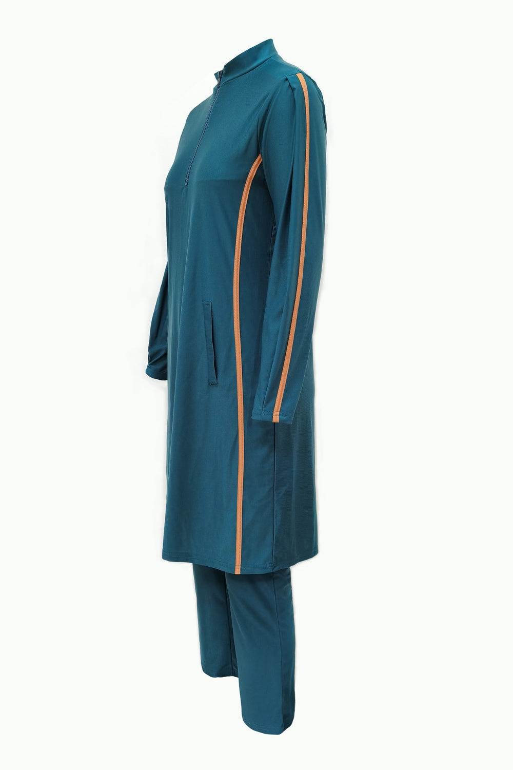 Three-piece swim set with teal cap, quarter zip top, and matching pants.