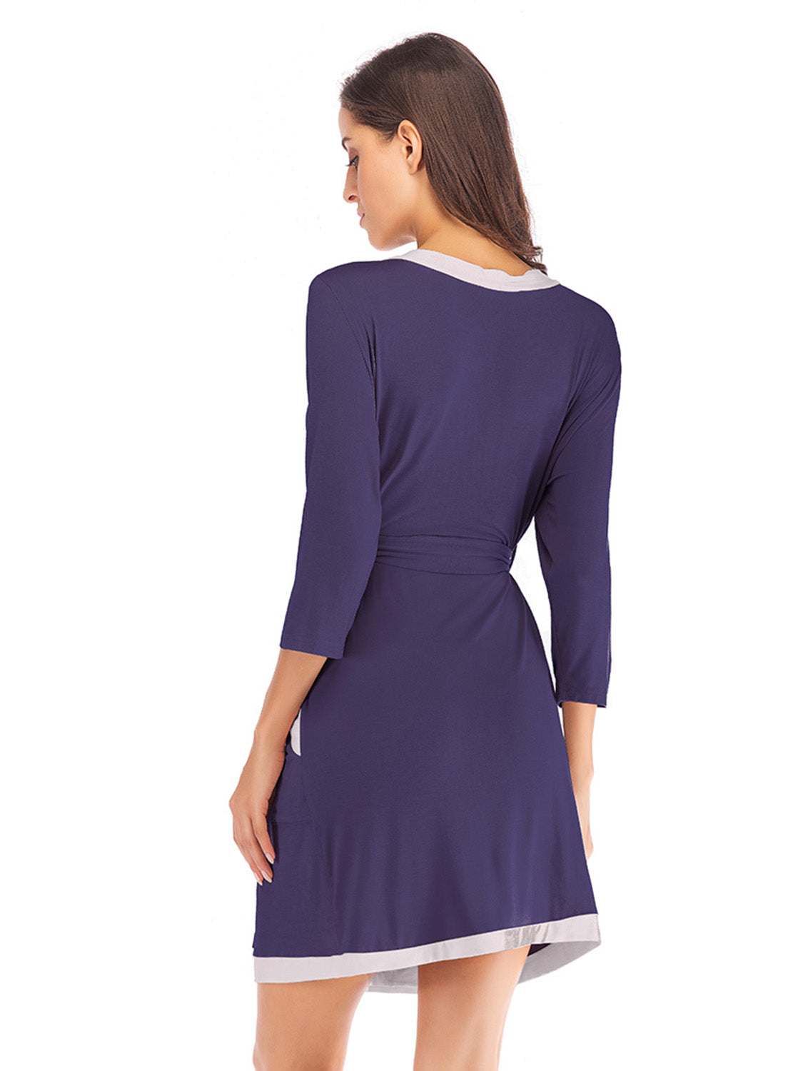 Tie Waist Surplice Neck Robe with Pockets in navy, back view.