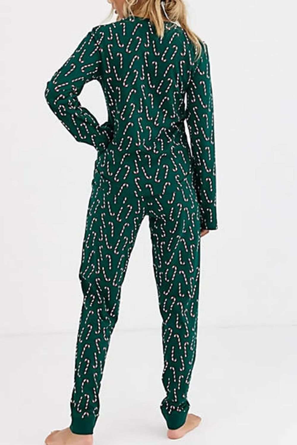 Candy cane print round neck top and pants lounge set, green, two-piece, slightly stretchy.