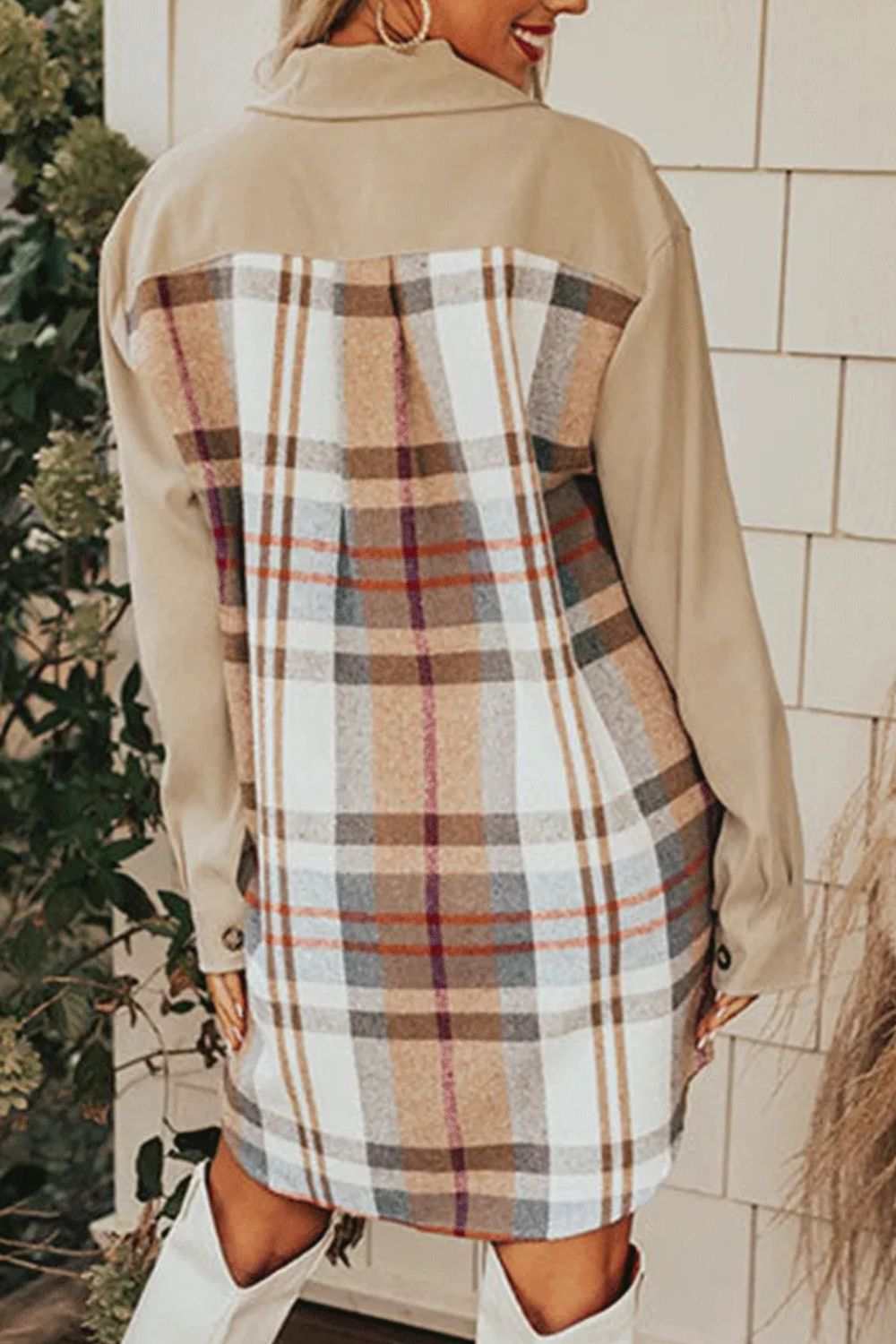 Pocketed Plaid Long Sleeve Mini Dress Tan