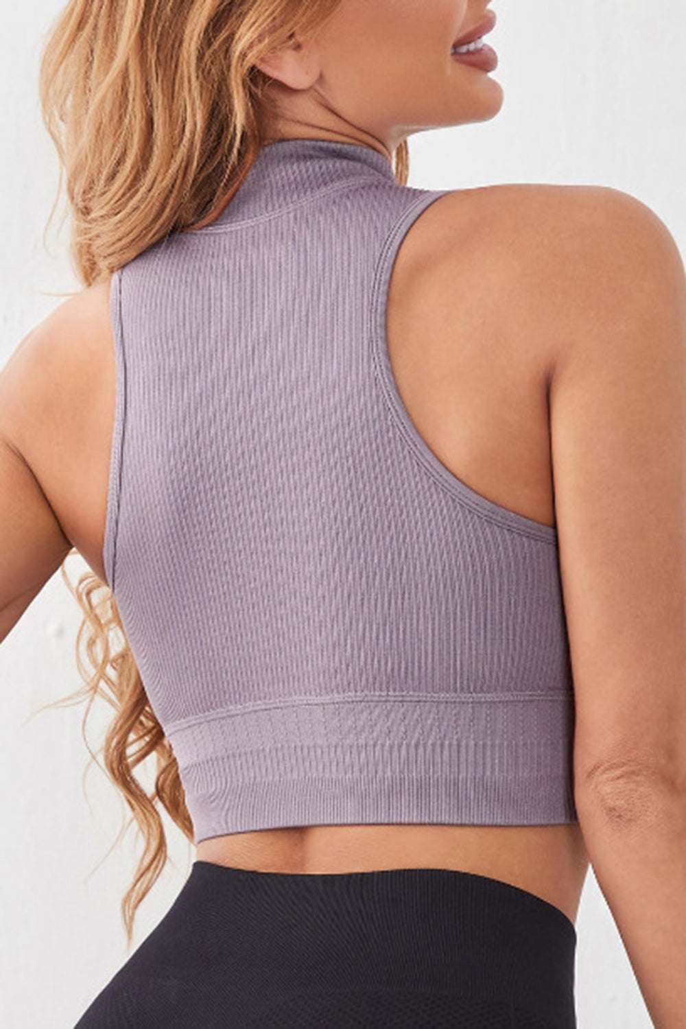 Mock Neck Ribbed Sports Tank with drawstring and high stretch, back view.