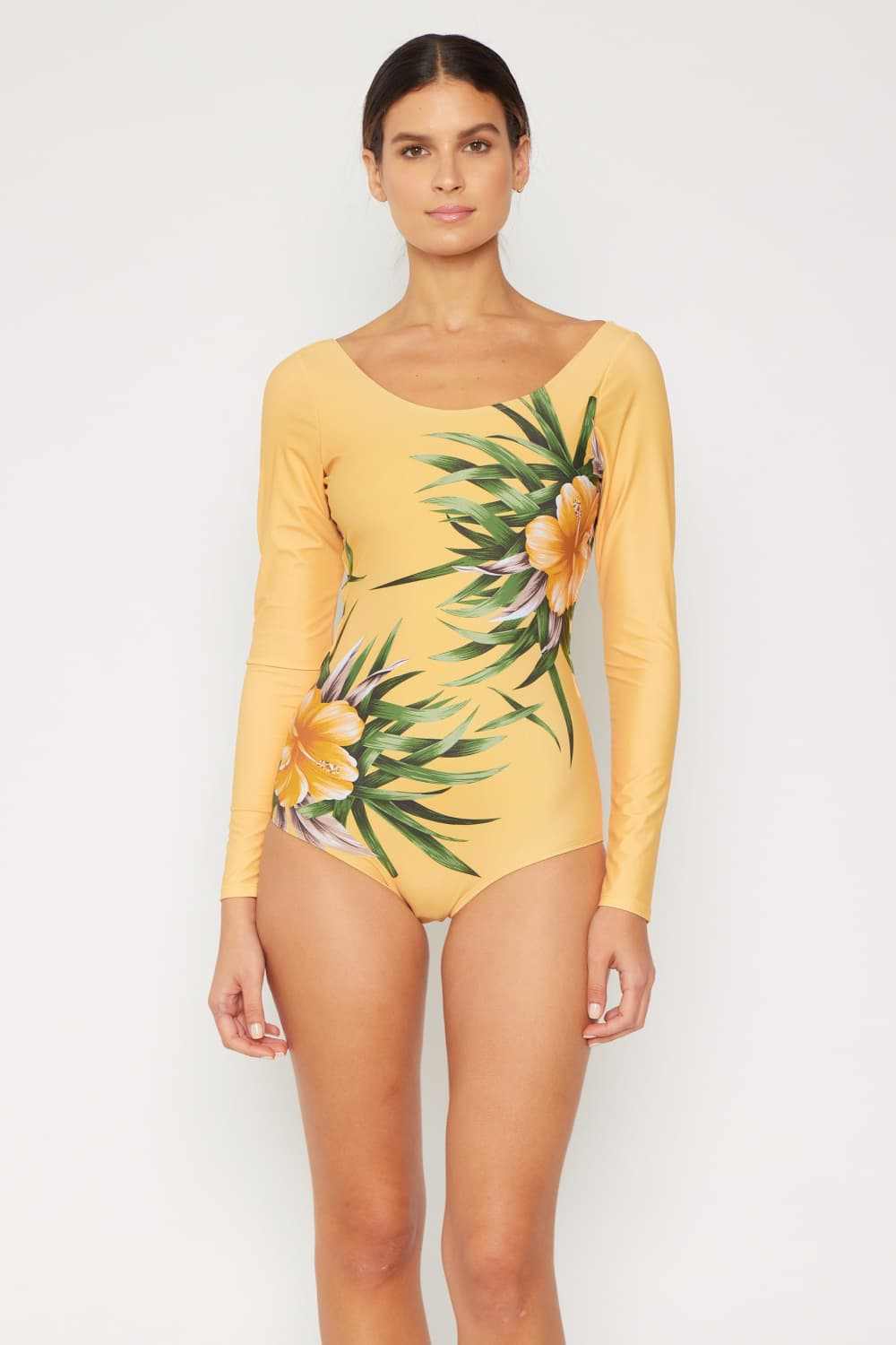 Marina West Swim Cool Down Longsleeve One-Piece Swimsuit, yellow floral print, sun protection, beachwear.