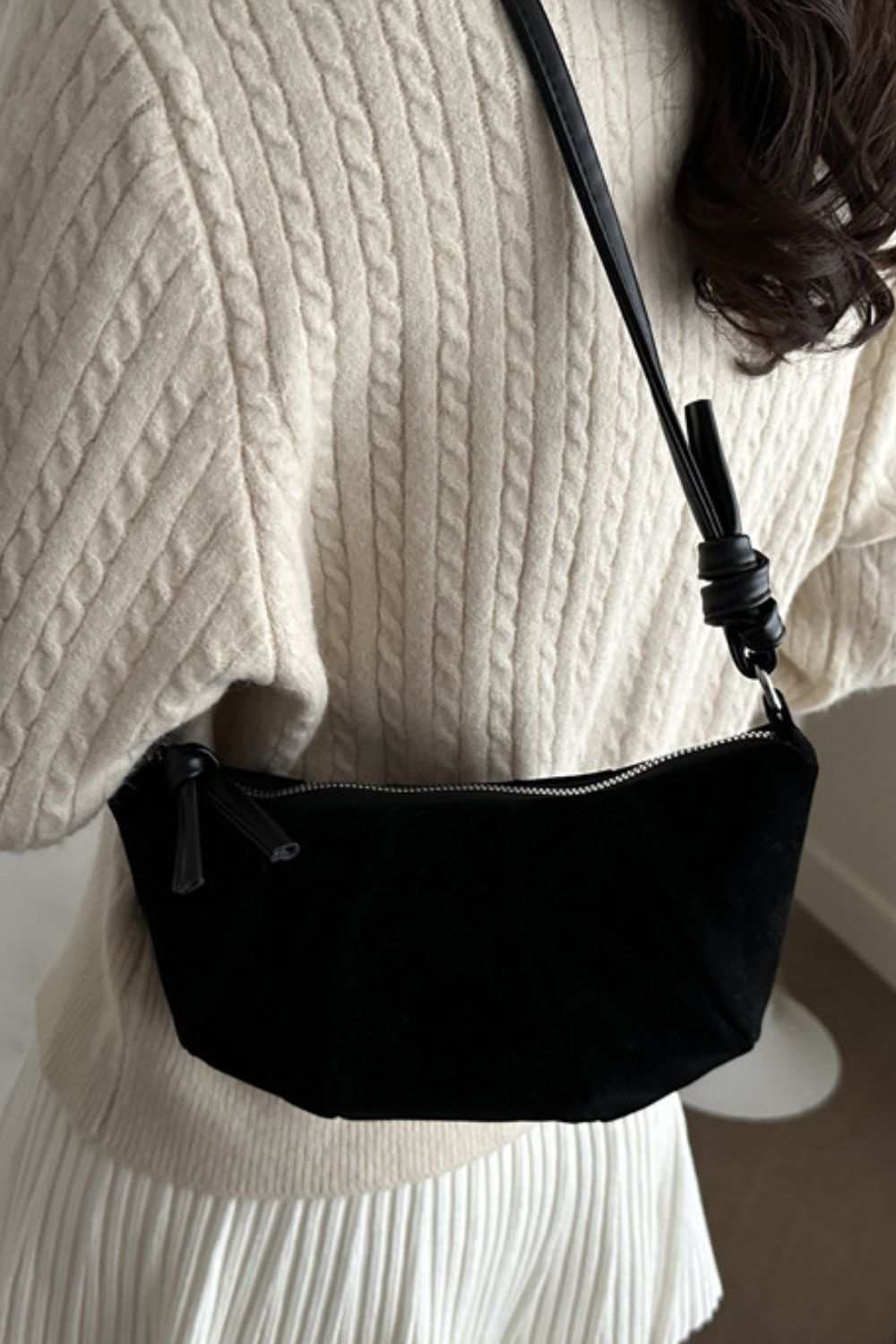 Suede Croissant Shape Shoulder Bag Black