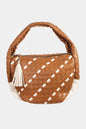 Fame Tassel Detail Weave Semi Circle Bag with faux leather basket weave design.