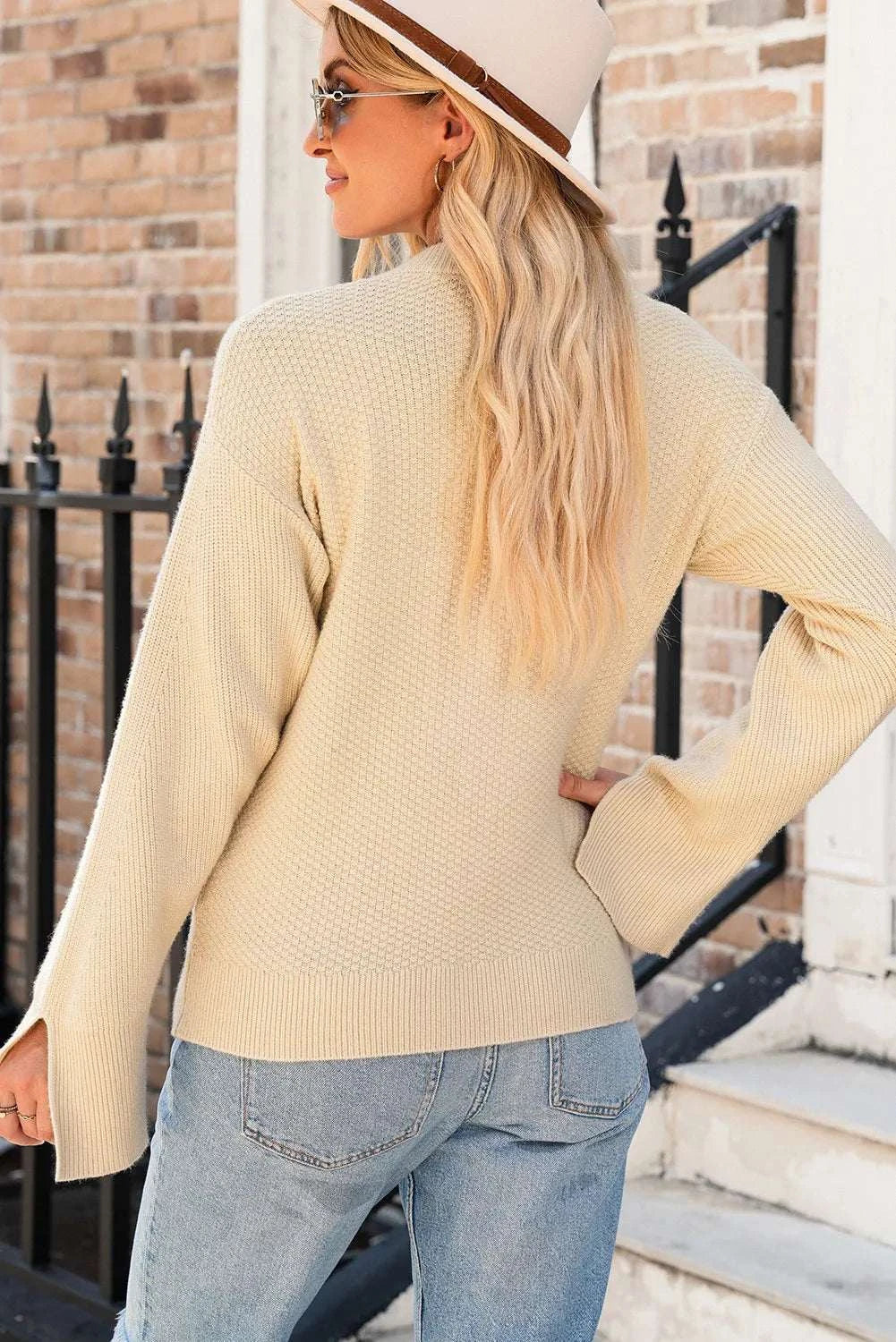 Textured Round Neck Long Sleeve Sweater Beige