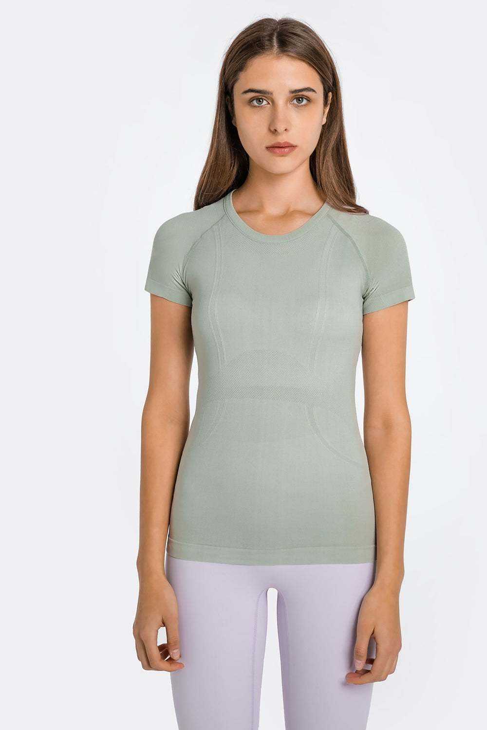 Millennia Round Neck Short Sleeve Active T-Shirt in light green, slightly stretchy, 100% nylon.