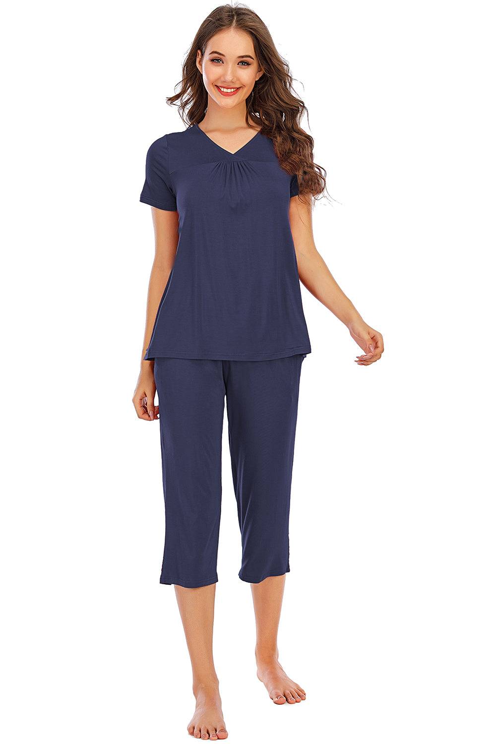 V-Neck Short Sleeve Top and Pants Lounge Set in navy, stretchy rayon blend, comfortable fit.