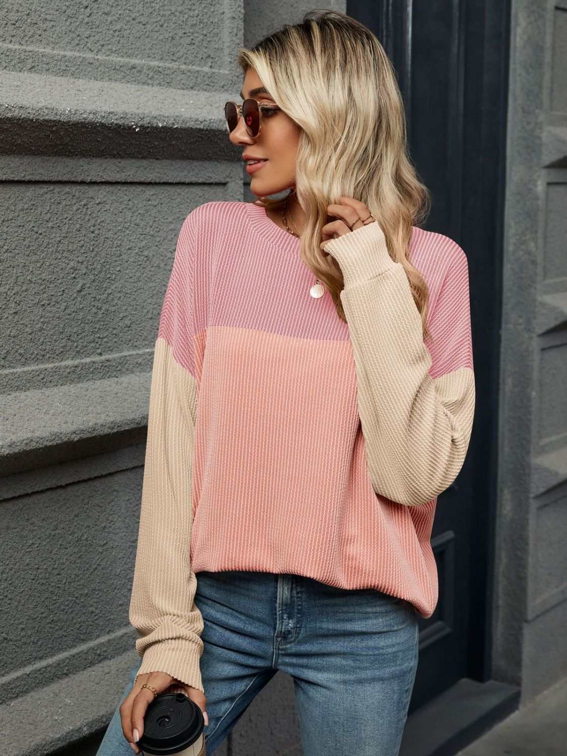 Double Take Contrast Round Neck Long Sleeve T-Shirt Dusty Pink