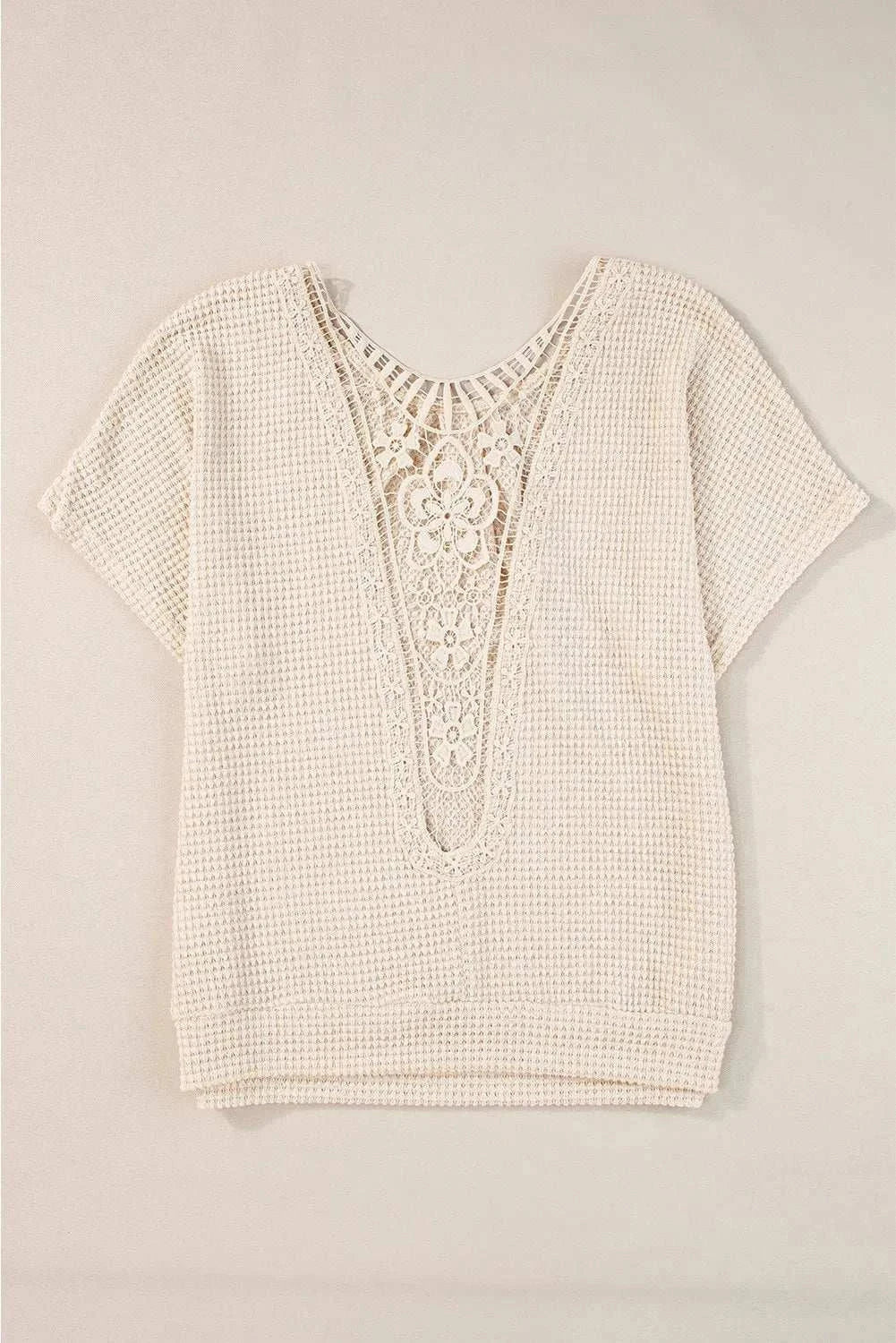 Plus size textured lace round neck short sleeve T-shirt in cream.