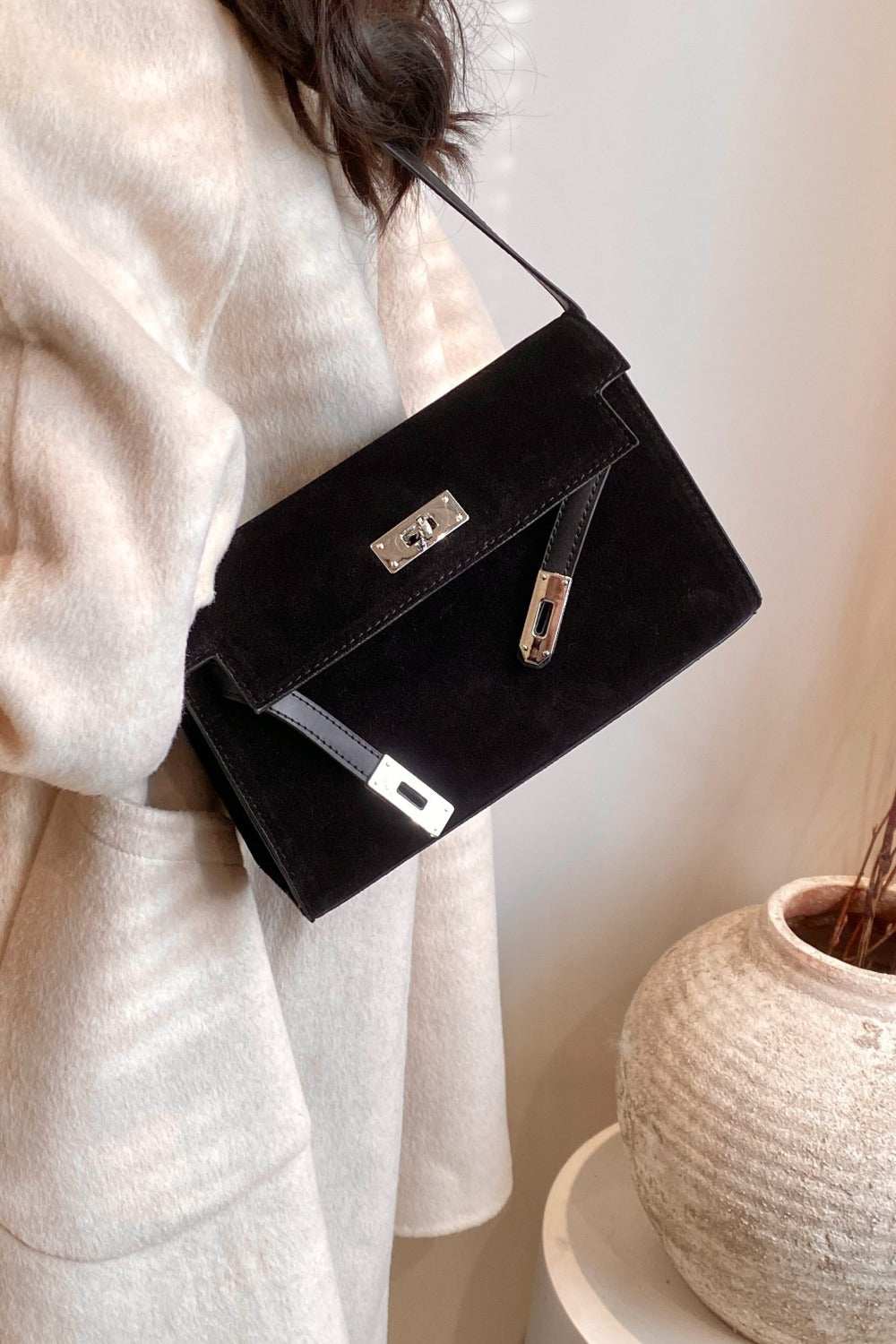 Small Suede PU Leather Strap Shoulder Bag in black.