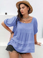 Plus size square neck half sleeve blouse in blue viscose fabric.