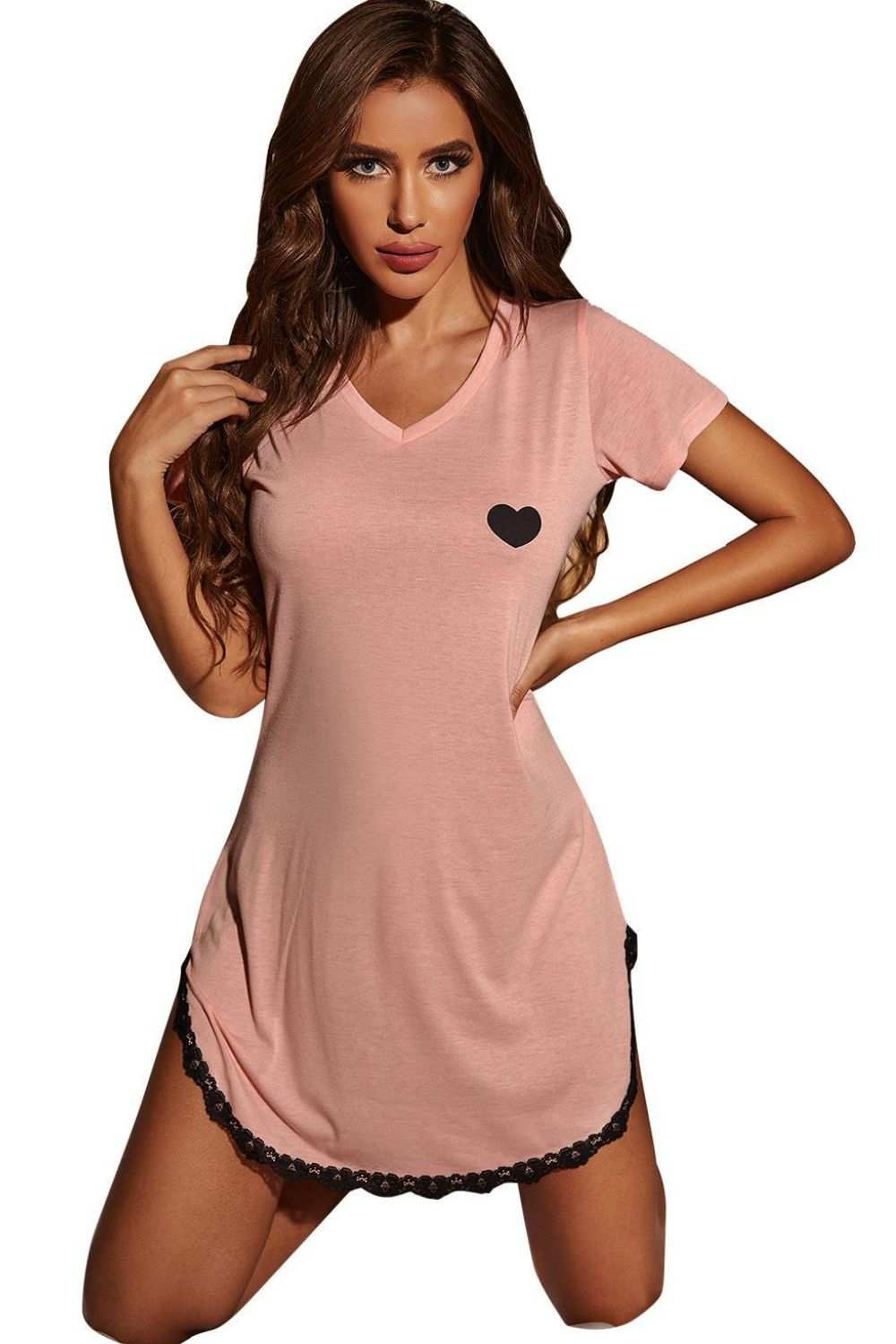 Heart graphic lace trim night dress with V-neck and short sleeves in pink.