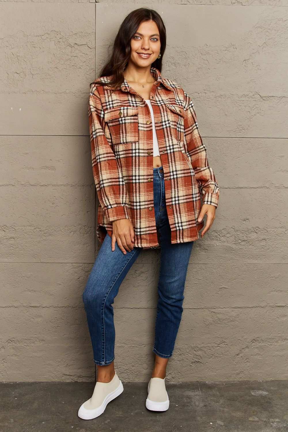 Ninexis Full Size Plaid Collared Neck Button-Down Long Sleeve Jacket Terracotta 