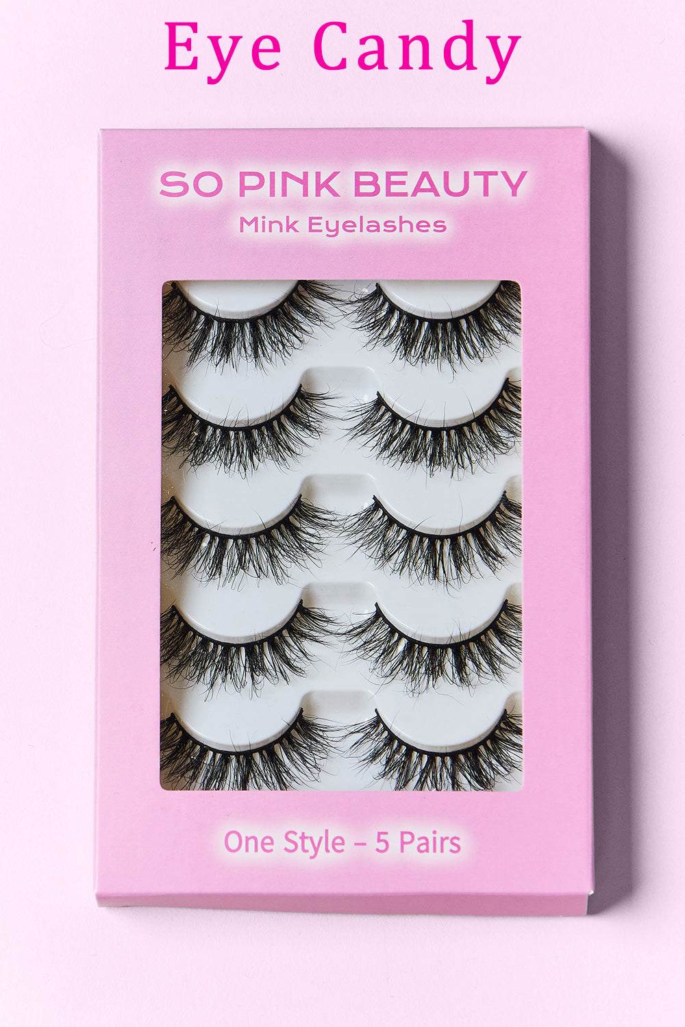 SO PINK BEAUTY Mink Eyelashes 5 Pairs in pink packaging, 100% mink, luxurious and natural appearance.