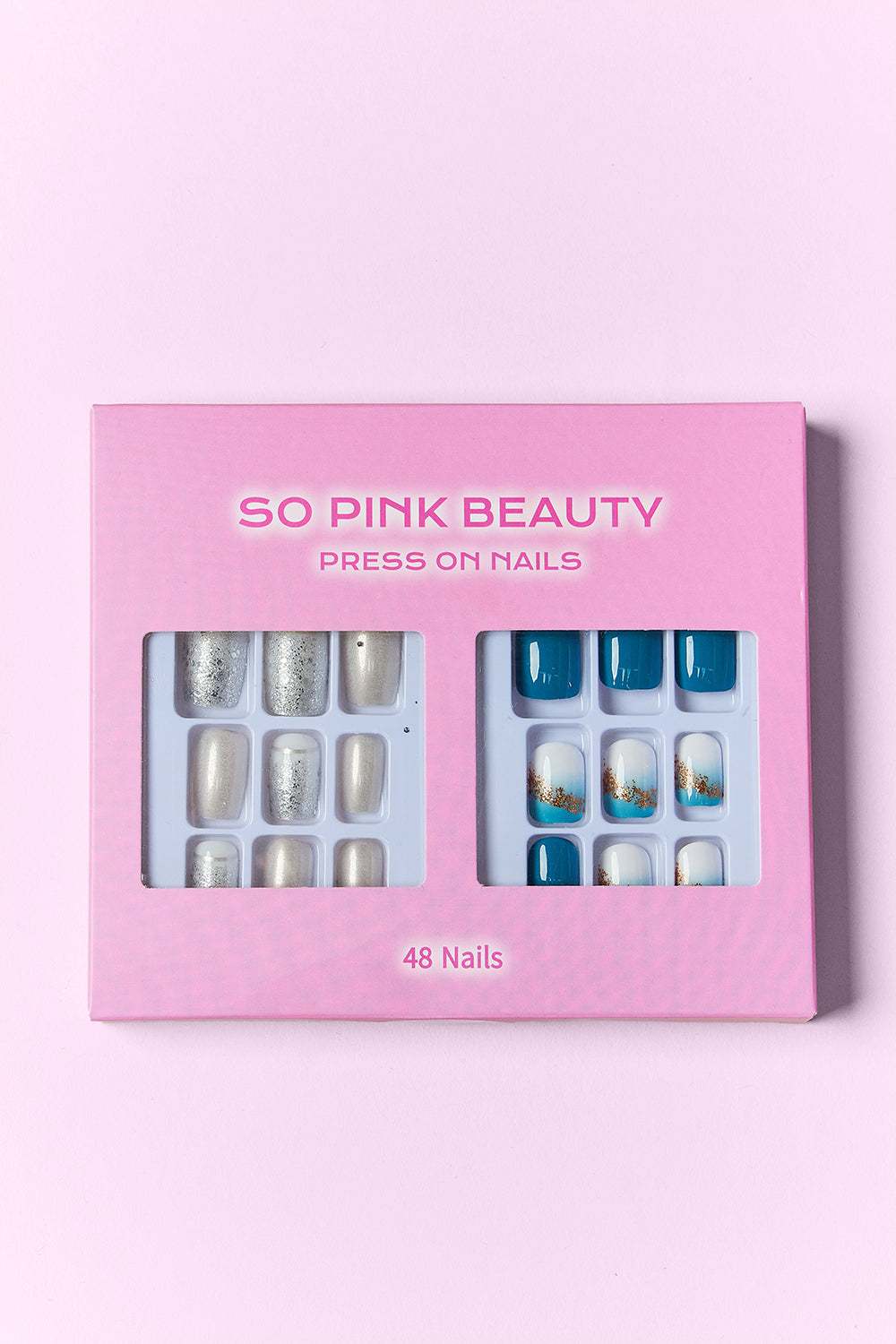 SO PINK BEAUTY Press On Nails 2 Pack with chic designs, 48 pieces, includes glue for easy application.