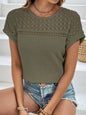 Waffle-knit round neck short sleeve top with lace detail and semi-sheer design.