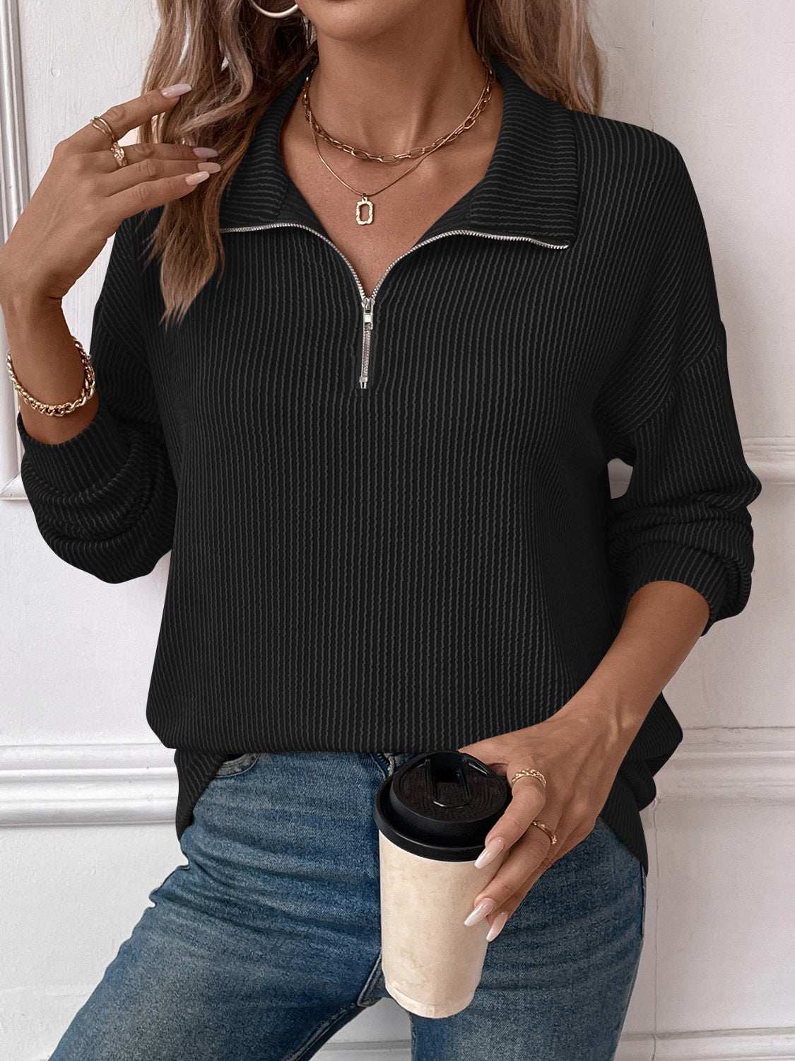 Double Take Striped Half Zip Long Sleeve T-Shirt Success Black