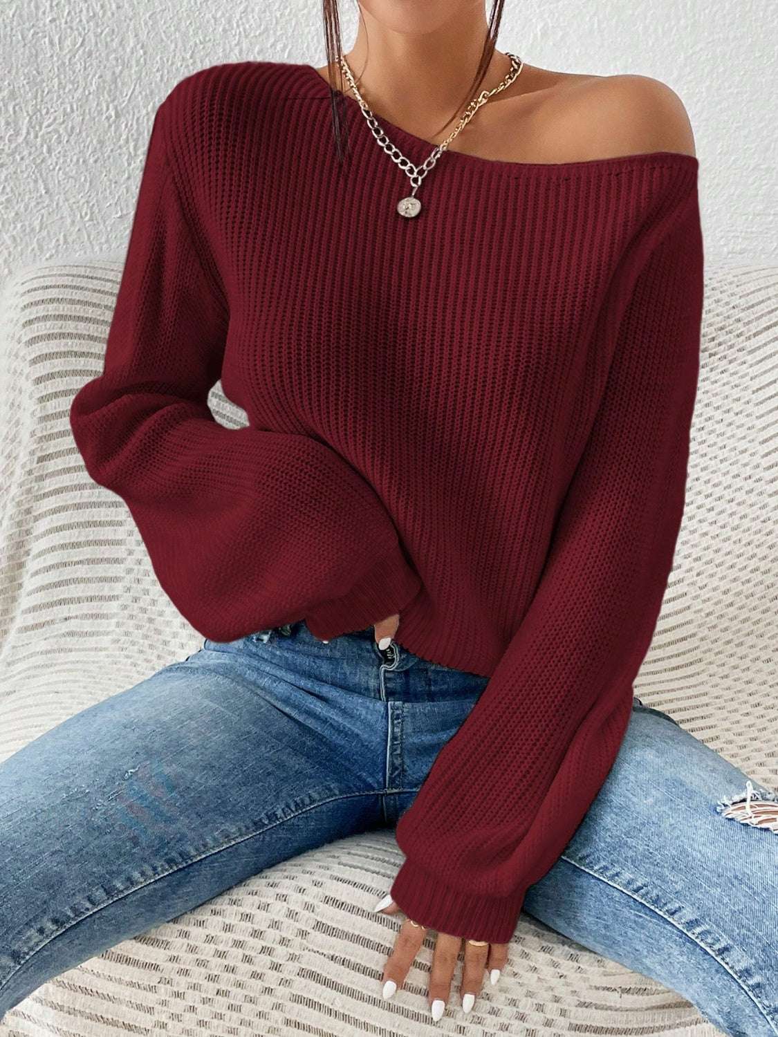 Honey Single Shoulder Long Sleeve Sweater Burgundy 