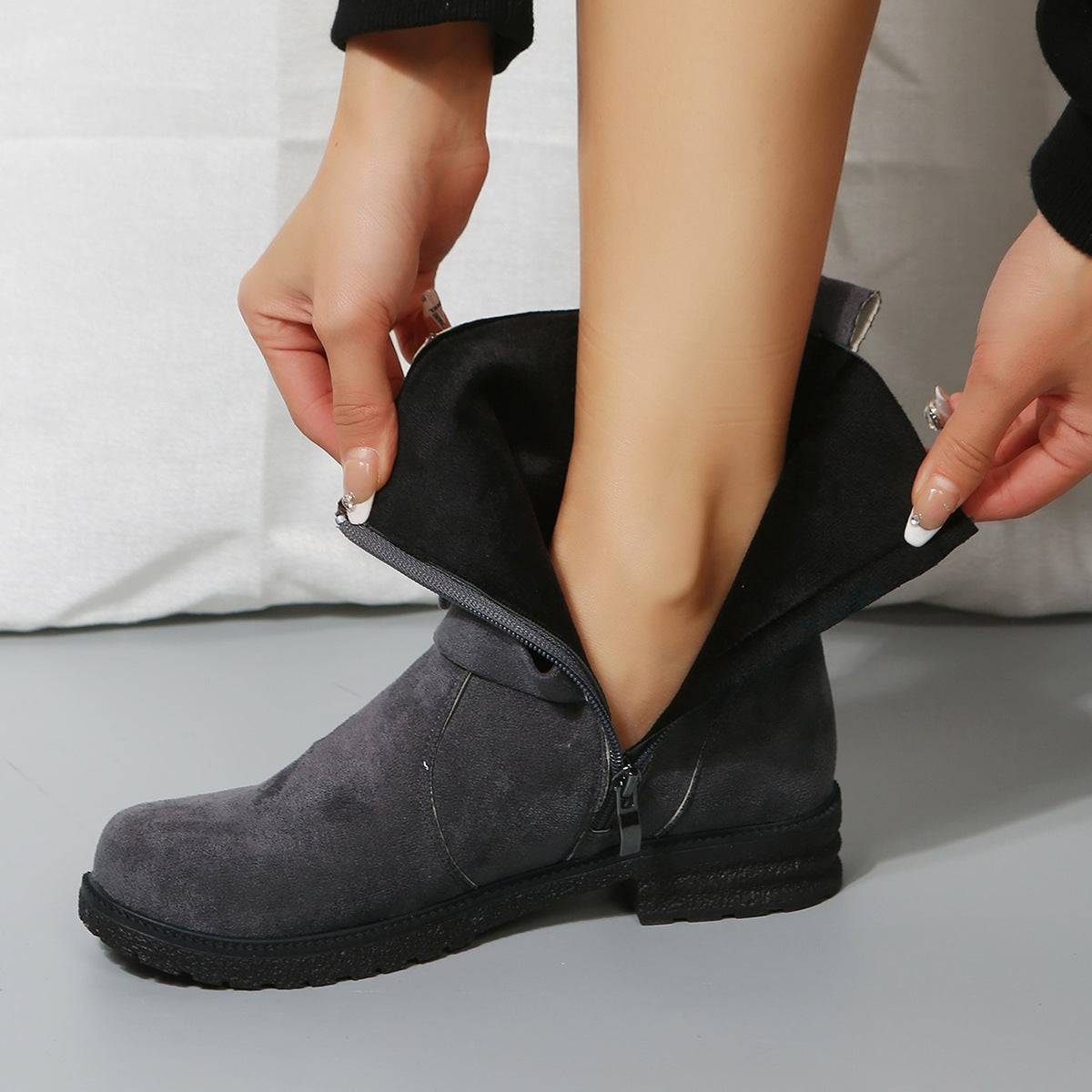 Suede Side Zip Round Toe Boots Dark Gray