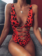 Leopard print backless plunge one-piece swimwear with lace-up design.