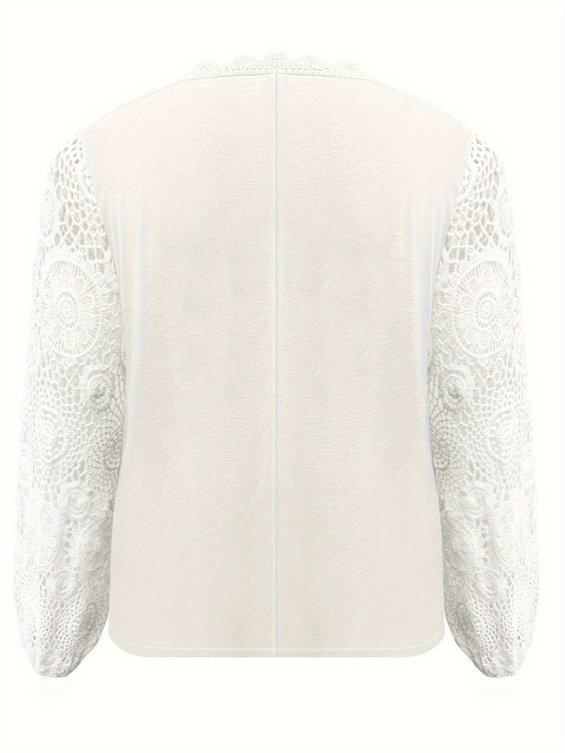 Plus size lace detail V-neck long sleeve T-shirt in white.