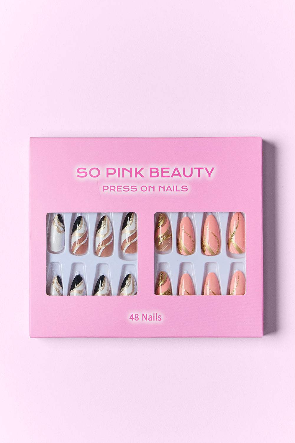 SO PINK BEAUTY Press On Nails 2 Packs in stylish packaging, featuring 48-piece nail set with two distinct designs.