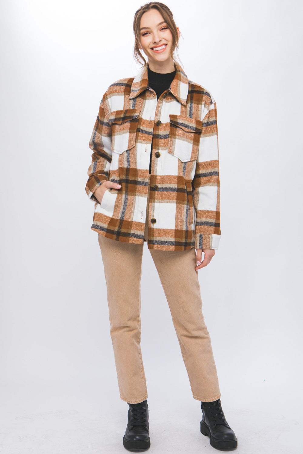 Love Tree Plaid Button Up Shacket in brown and white featuring buttoned front and pockets, perfect for layering.