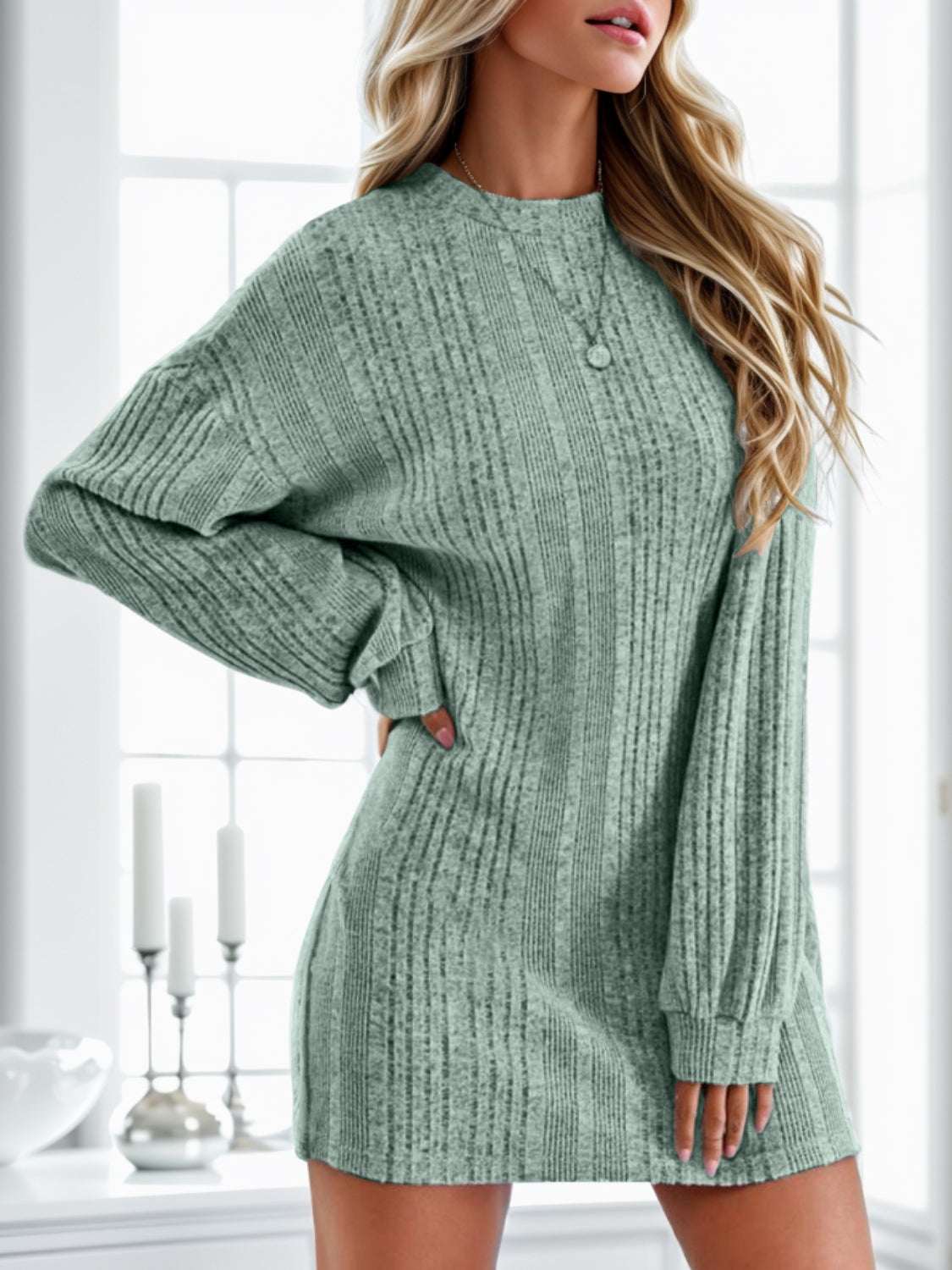 Round Neck Dropped Shoulder Mini Dress Light Green