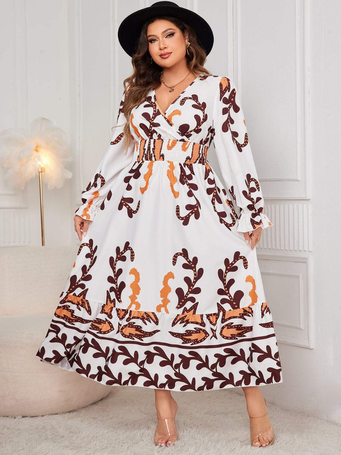 Honey Plus Size Printed Surplice Flounce Sleeve Dress White